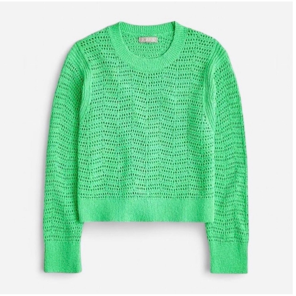 J. Crew Sz XXL Green Pointelle Open Knit Crewneck Cotton Sweater